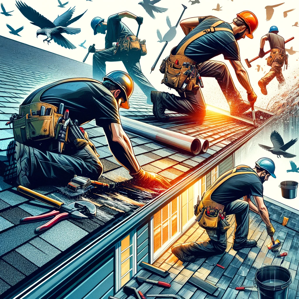 A team of roofers in San Diego efficiently repairing a residential roof, replacing shingles and sealing leaks.